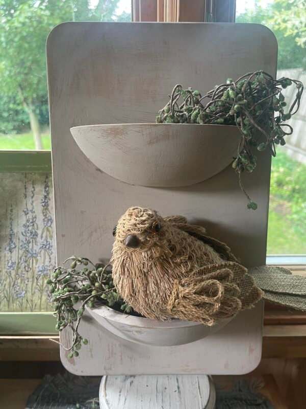 Minimalist Wooden Half Bowl Shelf Sitter w/Greenery and Bird