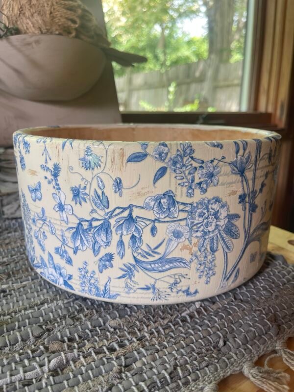 Wooden Upcycled Salad Bowl: Blue Transfers on Slightly Distressed Creamy White Painted Bowl