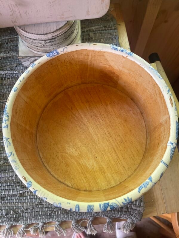 Wooden Upcycled Salad Bowl: Blue Transfers on Slightly Distressed Creamy White Painted Bowl - Image 3