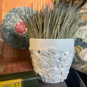 Decorative Blue Floral Textured Terra Cotta with Faux Plant