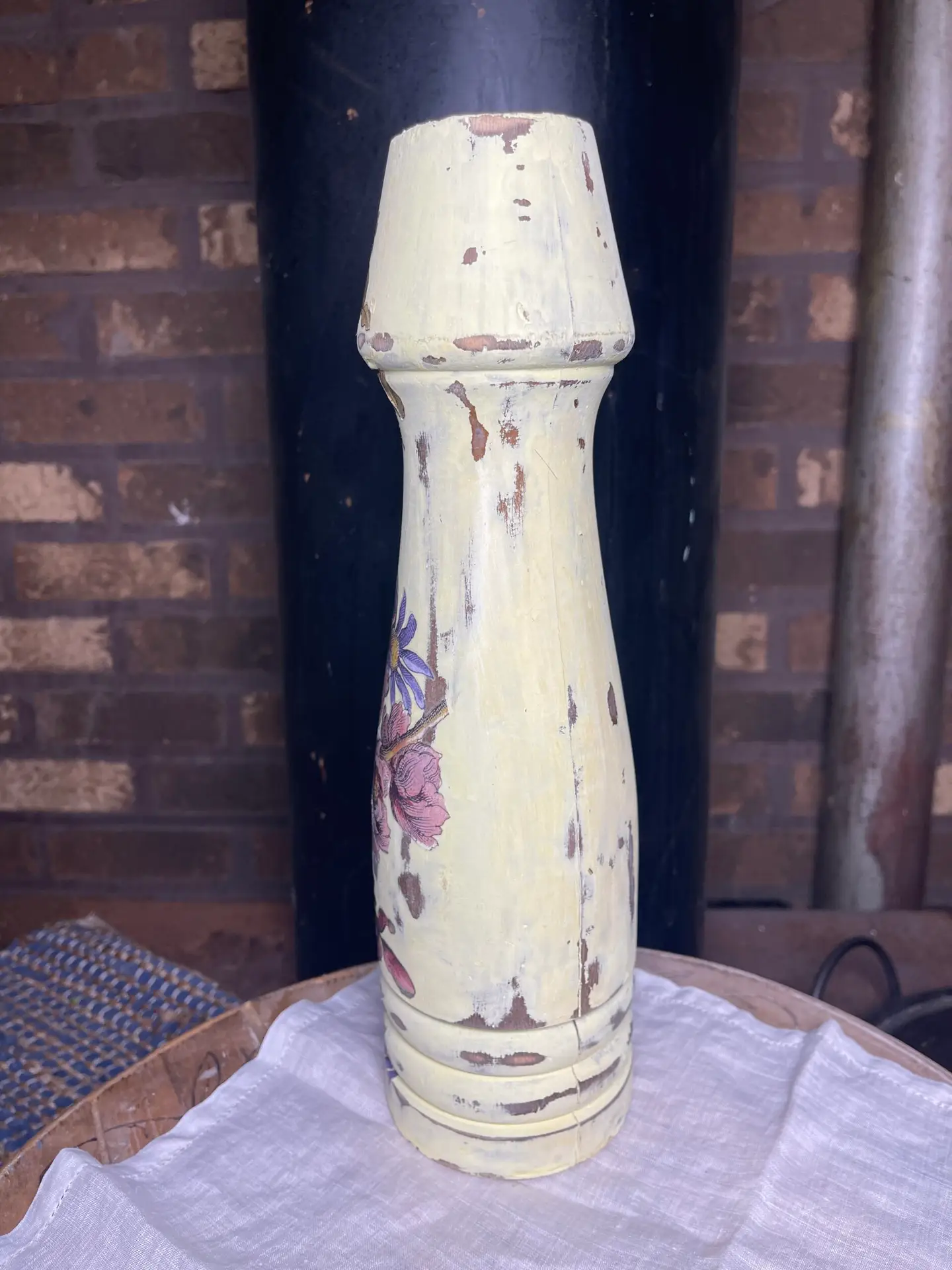 Handmade Bed Post Chippy Yellow Floral Decorative Pillar - 13” tall - Image 2