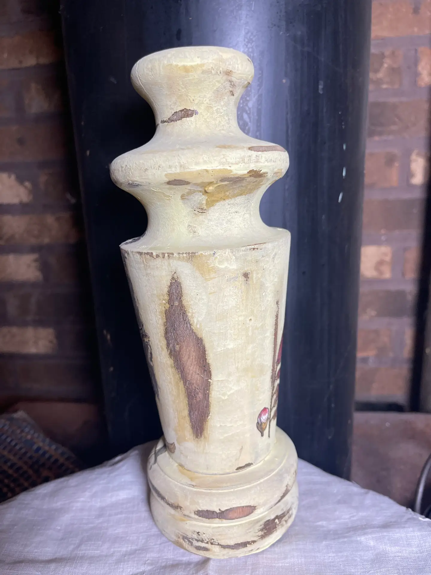 Handmade Bed Post Chippy Yellow Floral Decorative Pillar - 10” tall - Image 2